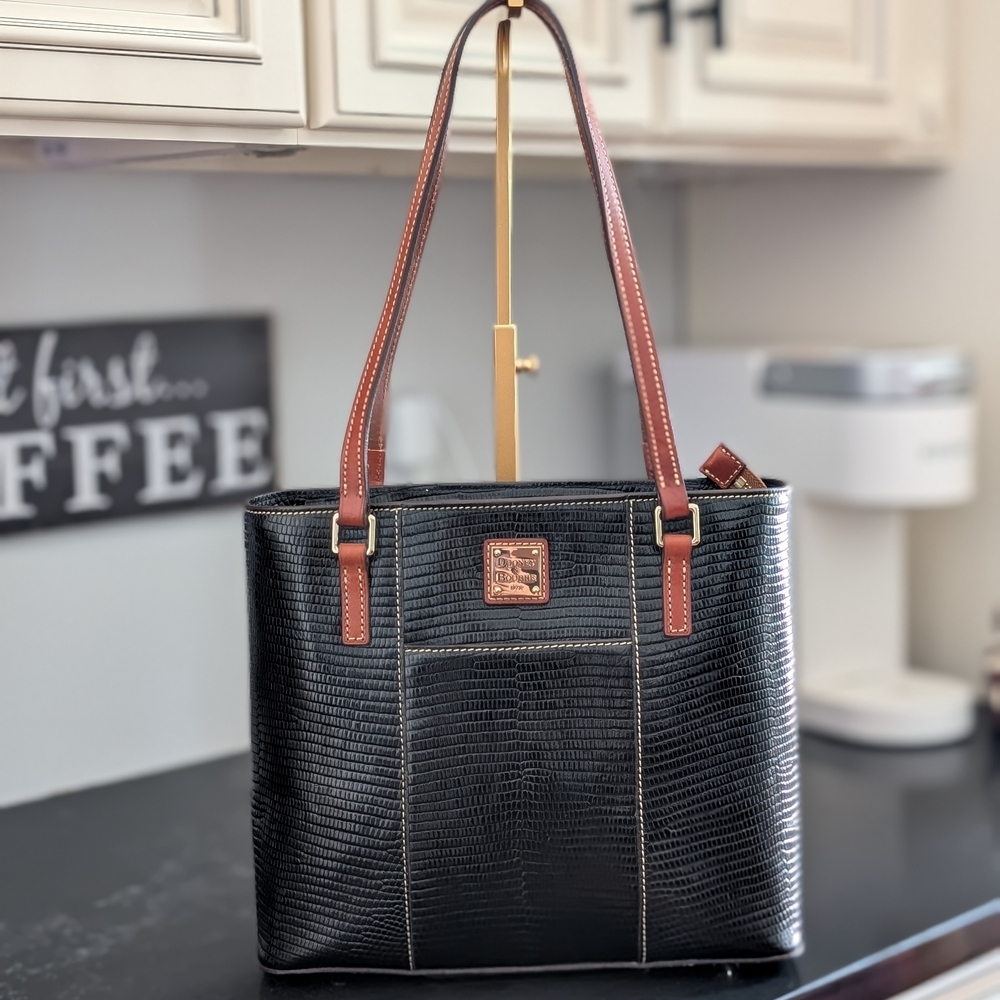 Dooney & Bourke Black Textured Tote with Tan Handles Croco - Picture 2 of 9